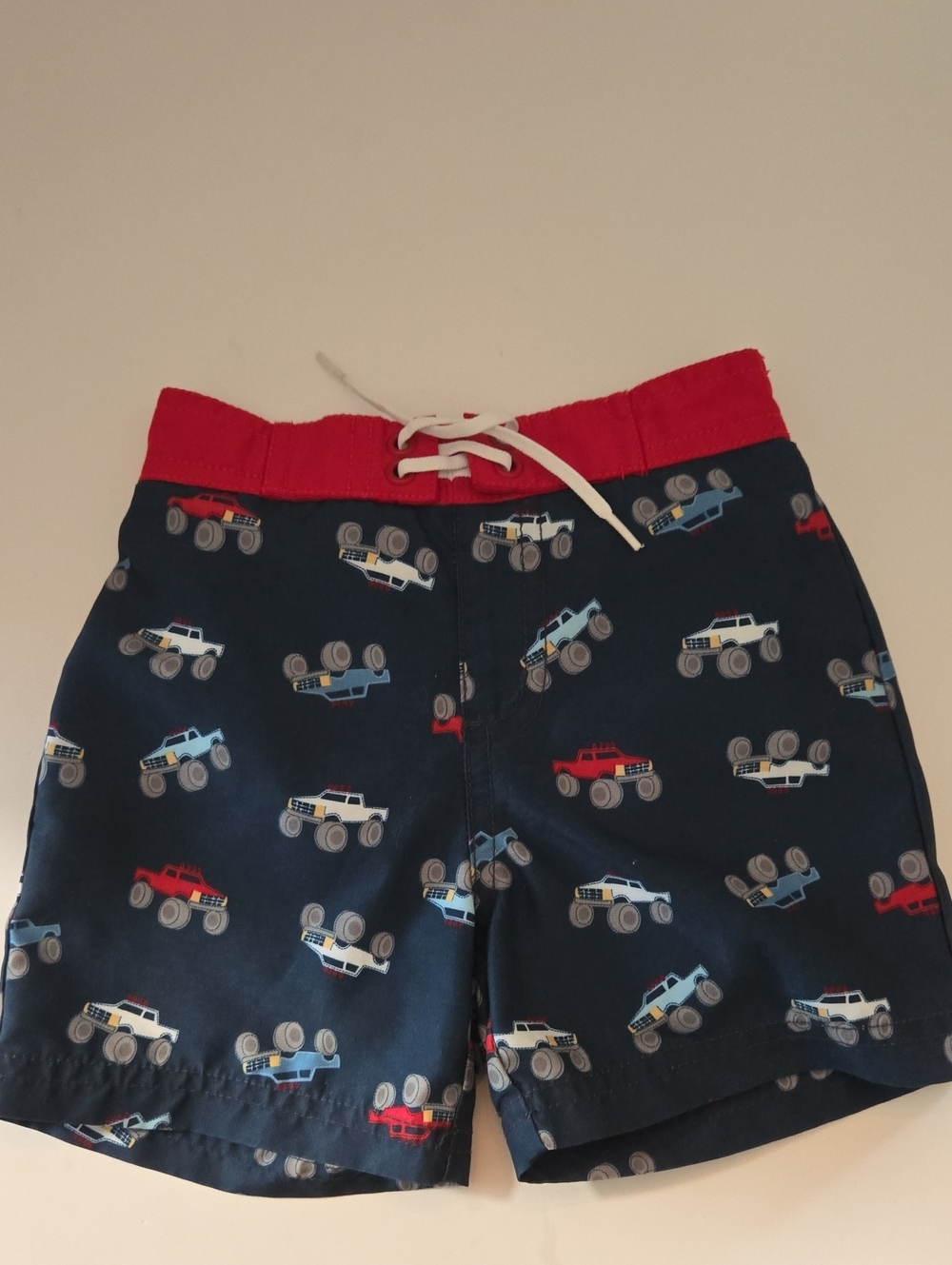 Gymboree Navy Boys Swim Trunks with Red Waistband and Monster Truck Print
